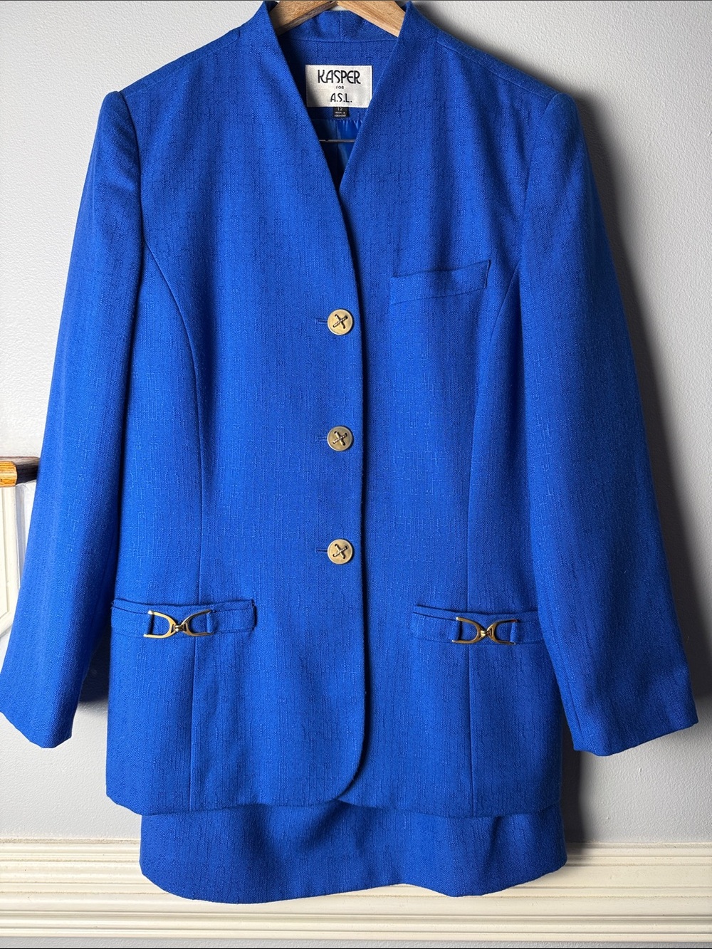 Kasper Royal Blue Collarless Blazer with Gold Accents